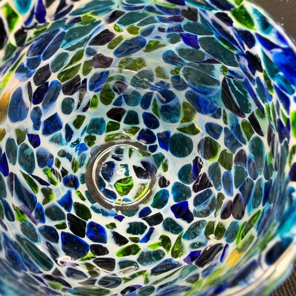 Hand Blown USA Glass Votive Holder Blue Green Purple Confetti Mosaic Cup Glass